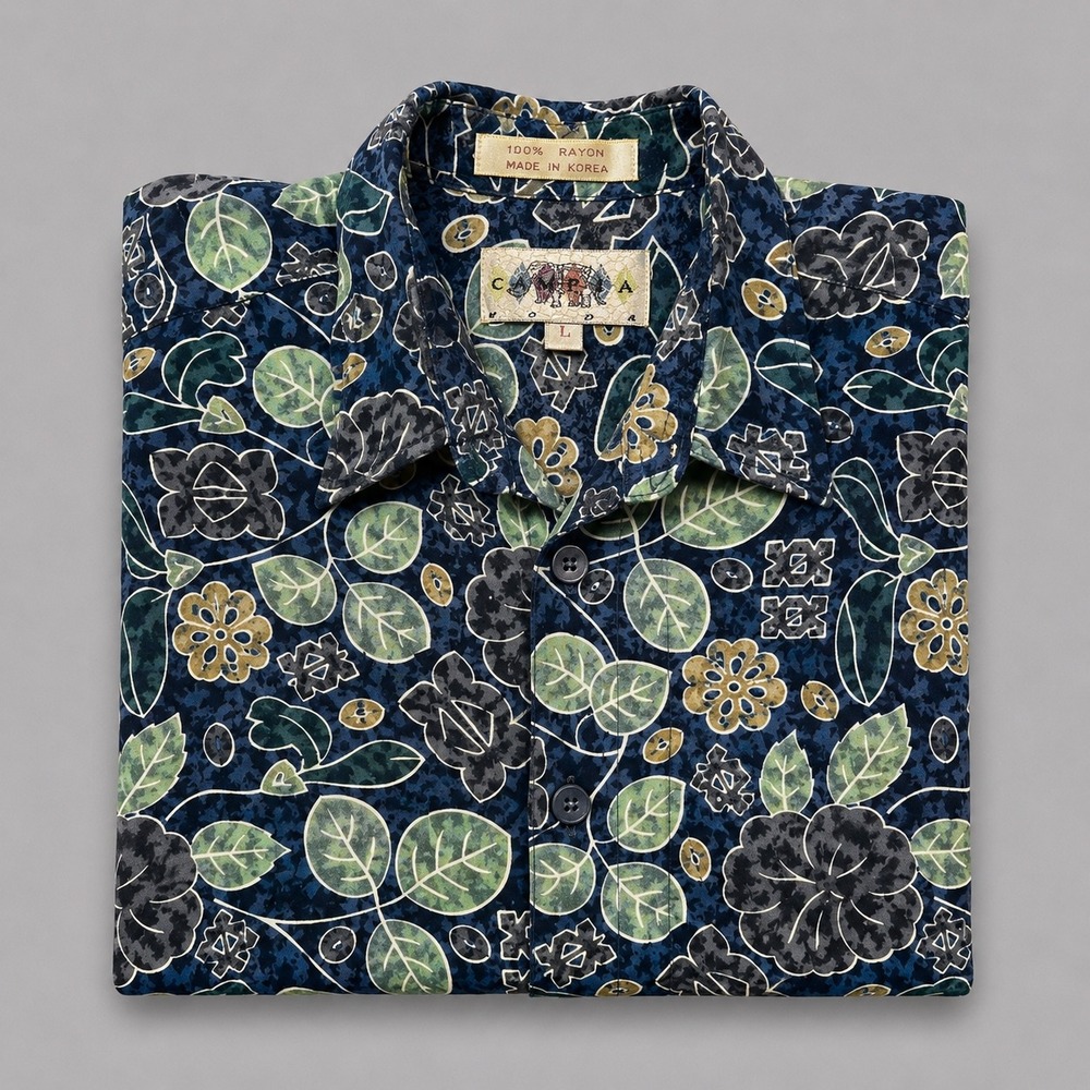 Vintage Campia Moda Mens Large Rayon Floral Button Down Shirt Navy Blue Green